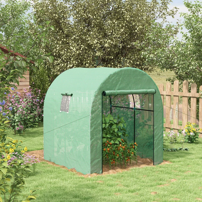 Outsunny Invernadero de Exterior, Invernadero de Túnel con 2 Puertas Enrollables, 2 Ventanas de Malla, Cubierta PE 135g/m², Anti-UV, Marco de Acero, para Cultivos, Plantas, 180x180x200 cm, Verde