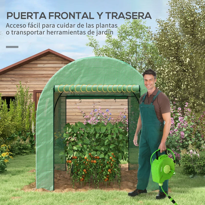 Outsunny Invernadero de Exterior, Invernadero de Túnel con 2 Puertas Enrollables, 2 Ventanas de Malla, Cubierta PE 135g/m², Anti-UV, Marco de Acero, para Cultivos, Plantas, 180x180x200 cm, Verde