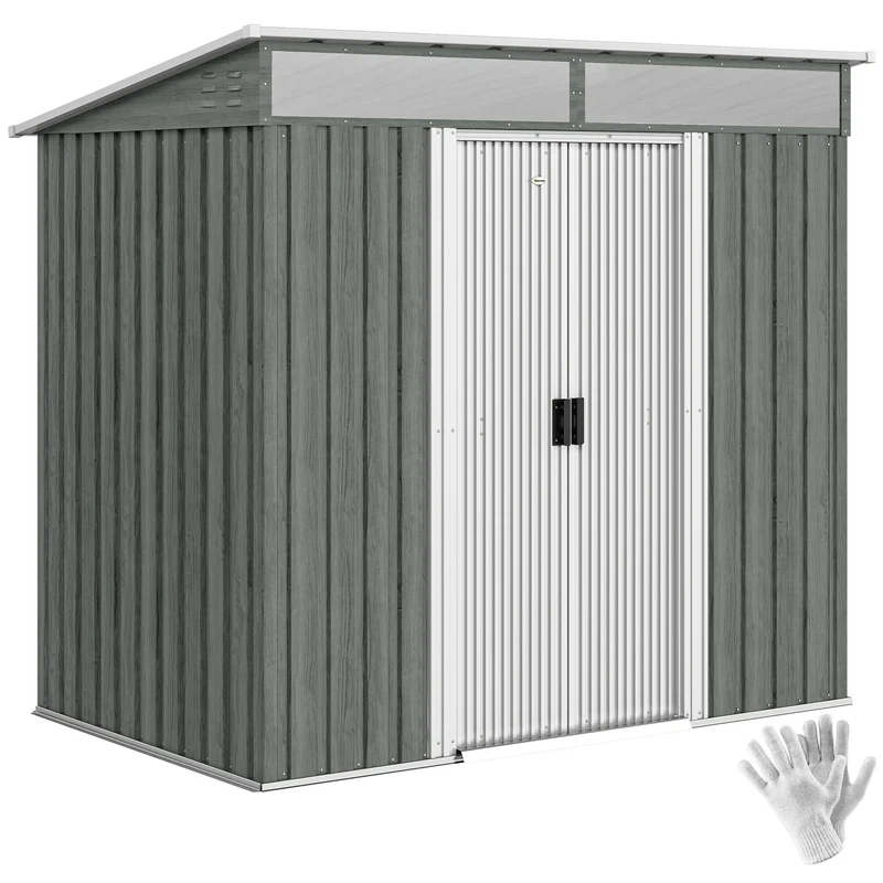 Outsunny Caseta de Jardín Exterior 2 m² 195x122x181,5 cm Cobertizo de Jardín Exterior Metálica con Base SIN SUELO 2 Puertas Correderas Ventanas y Ganchos para Herramientas Gris Claro