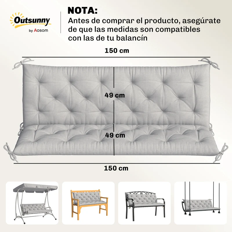Outsunny Cojín para Banco de Jardín con Respaldo, 150x98x8 cm, Colchón de Banco de 3 Plazas para Interior y Exterior con Relleno Grueso y Cintas de Sujeción, para Columpio, Terraza, Balcón, Gris Claro