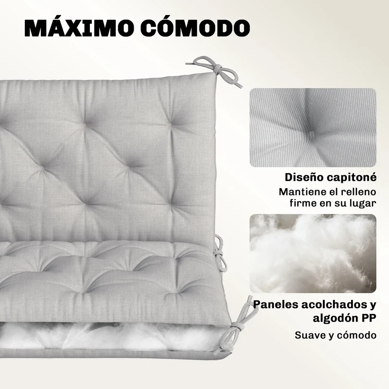 Outsunny Cojín para Banco de Jardín con Respaldo, 150x98x8 cm, Colchón de Banco de 3 Plazas para Interior y Exterior con Relleno Grueso y Cintas de Sujeción, para Columpio, Terraza, Balcón, Gris Claro