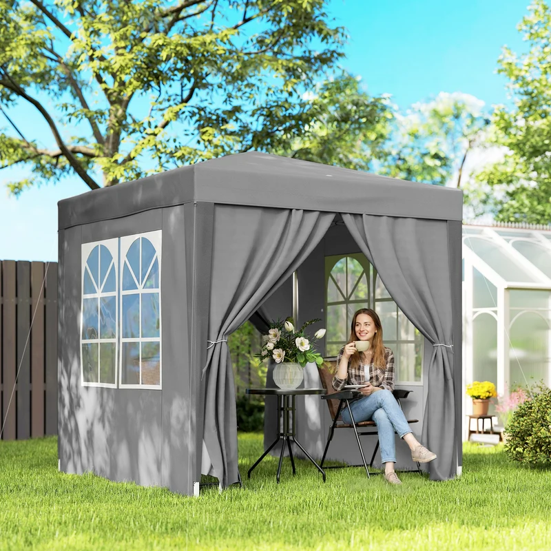 Outsunny Carpa Plegable Pop-up Gazebo 2x2 m Cenador Plegable con 4 Paredes Laterales Anti-UV y Bolsa de Transporte para Camping Fiestas Gris