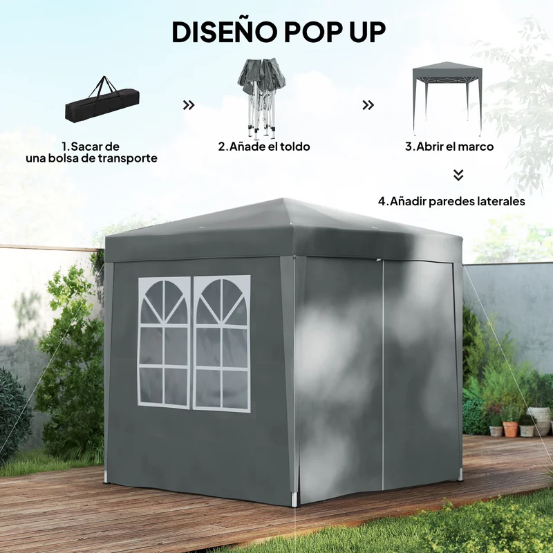 Outsunny Carpa Plegable Pop-up Gazebo 2x2 m Cenador Plegable con 4 Paredes Laterales Anti-UV y Bolsa de Transporte para Camping Fiestas Gris