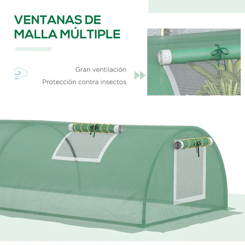 Outsunny Invernadero de Exterior, 200x80x45 cm, Invernadero de Jardín con 4 Ventanas Enrollables de Malla, Marco de Acero y Cubierta de PE 140g/㎡ Anti-UV para Cultivos, Plantas, Flores, Verde