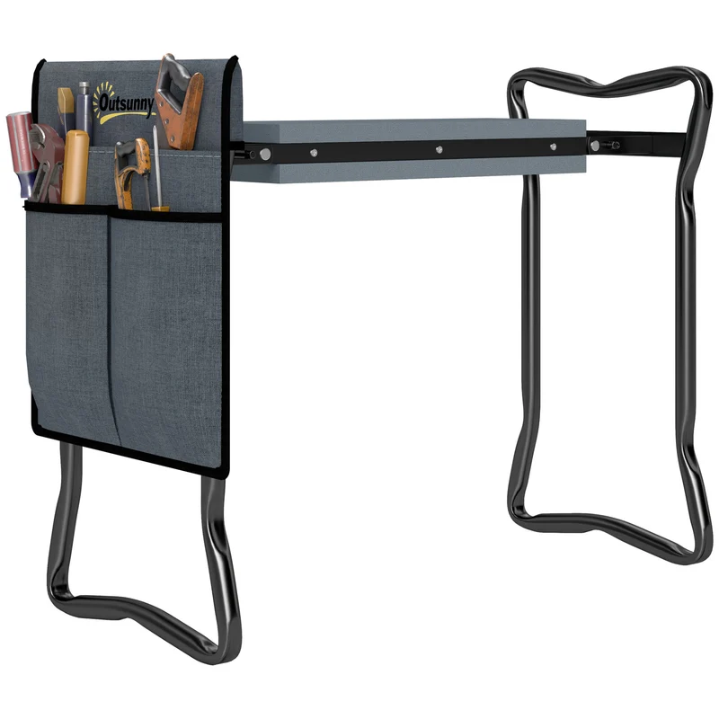 Outsunny Taburete de Jardín Plegable con Almohadilla de Espuma EVA, Asiento de Jardín 2 en 1 con Bolsa para Herramientas, Portátil, Carga 150kg, Regalo para Jardinería, Jardineros y Ancianos