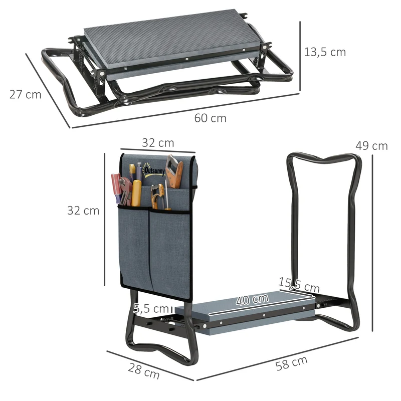 Outsunny Taburete de Jardín Plegable con Almohadilla de Espuma EVA, Asiento de Jardín 2 en 1 con Bolsa para Herramientas, Portátil, Carga 150kg, Regalo para Jardinería, Jardineros y Ancianos