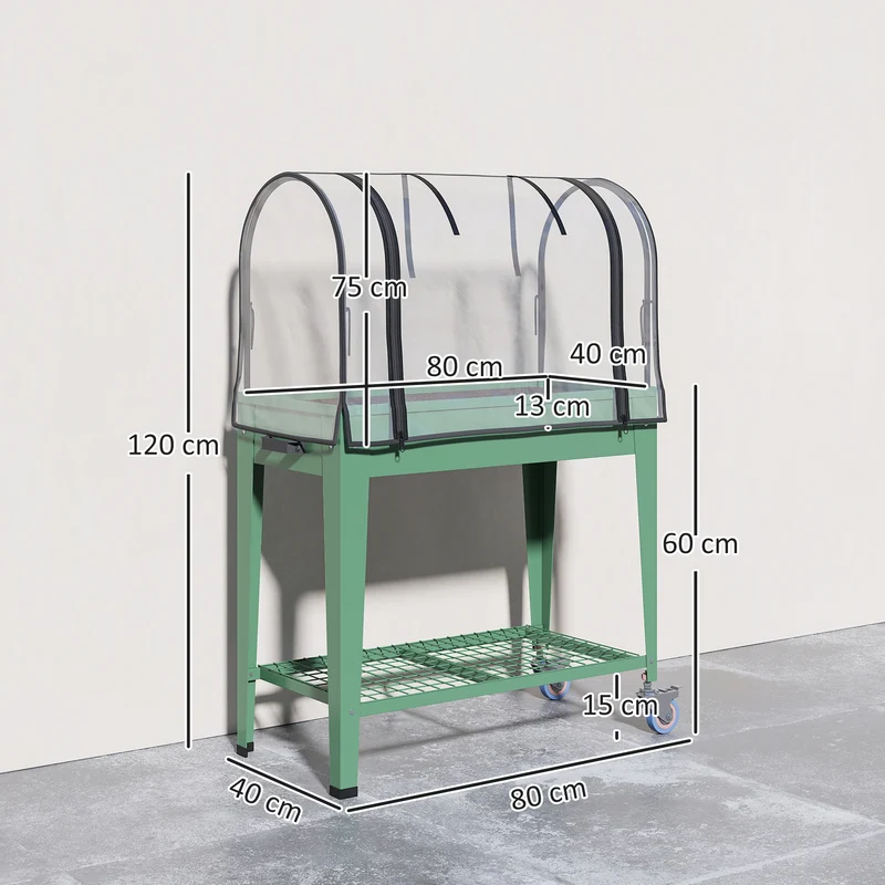 Outsunny Huerto Urbano Elevado con Ruedas, Mesa de Cultivo con Cubierta PVC de Invernadero y Estante Inferior para Cultivo, Plantas, Flores y Verduras, 80x40x120 cm, Verde