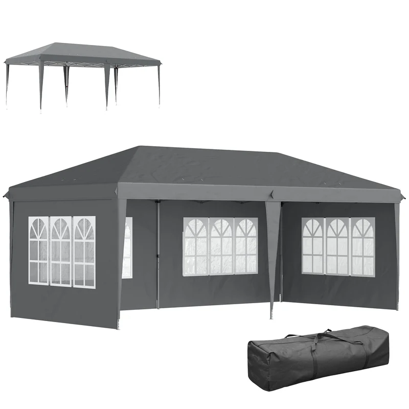 Outsunny Carpa Plegable 6x3 m, Pop-up, con 4 Laterales Desmontables, Cenador de Jardín con 4 Ventanas Visibles y Bolsa de Transporte, Impermeable, Anti-UV, Gazebo para Camping, Fiestas, Exterior, Gris