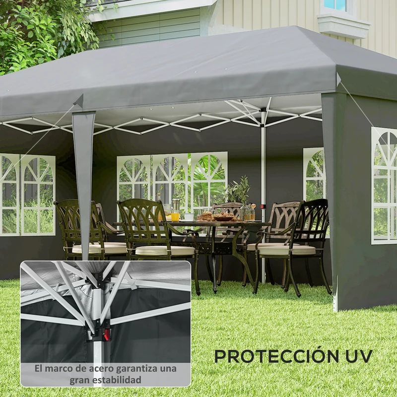 Outsunny Carpa Plegable 6x3 m, Pop-up, con 4 Laterales Desmontables, Cenador de Jardín con 4 Ventanas Visibles y Bolsa de Transporte, Impermeable, Anti-UV, Gazebo para Camping, Fiestas, Exterior, Gris