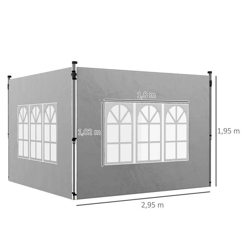 Outsunny 2 Paredes Laterales para Carpas de 3 x 3 / 3 x 4 m, 295x195 cm, Paredes Laterales de Repuesto para Cenador de Tela Oxford con Ventana, para Jardín, Exteriores, Fiestas, Gris Claro