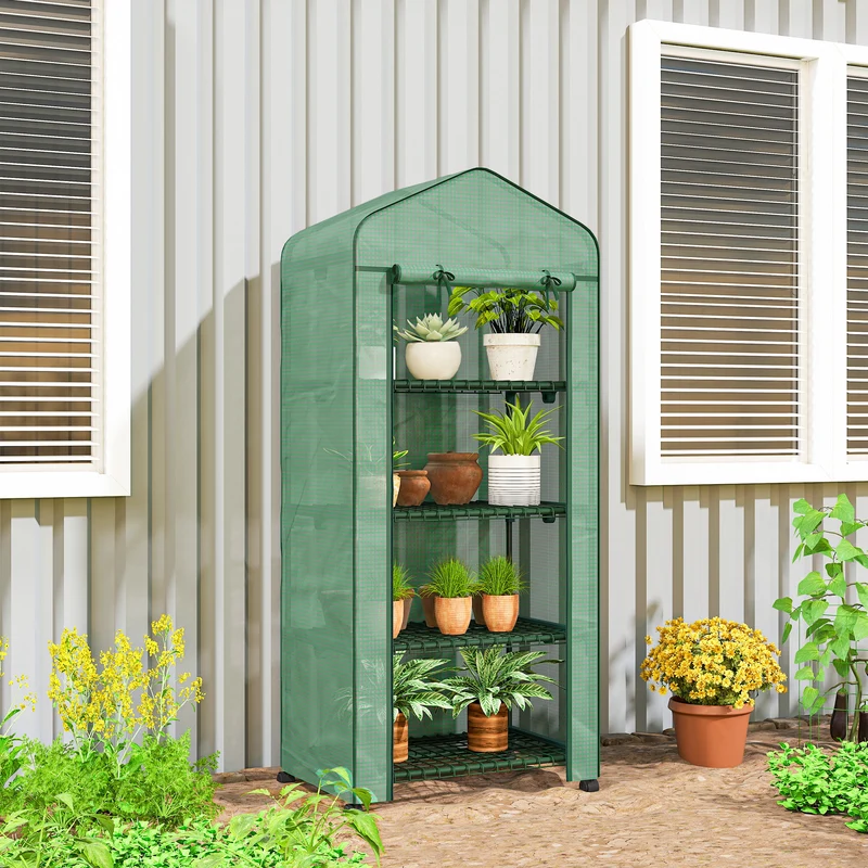 Outsunny Invernadero de Exterior con 4 Estantes y Ruedas, Invernadero de Jardín con Puerta Enrollable, Marco de Acero y Cubierta PE 140g/㎡ Anti-UV, Impermeable para Terraza, Patio, 70x50x165 cm, Verde