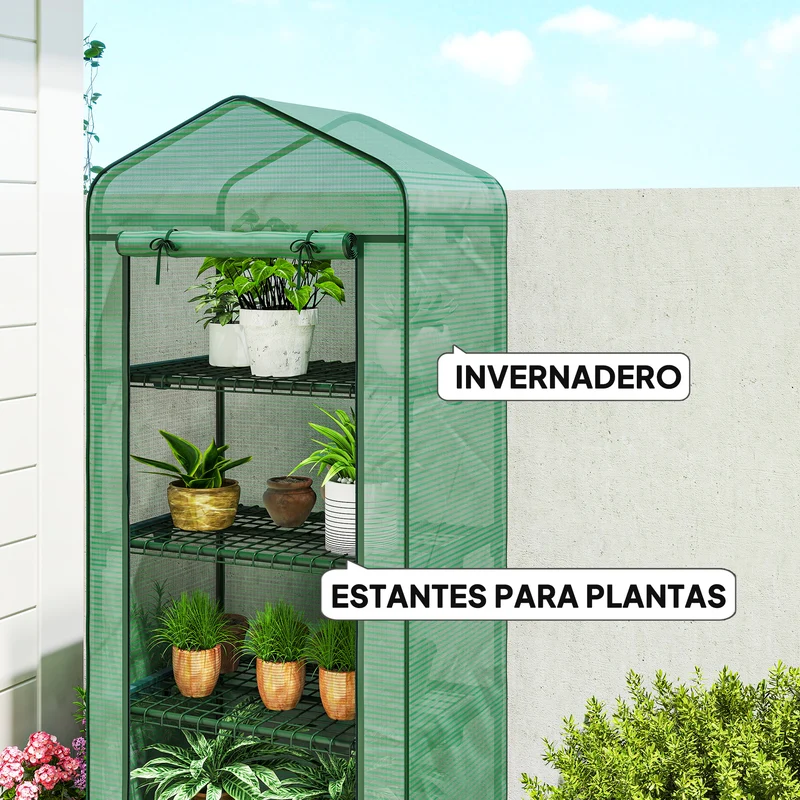 Outsunny Invernadero de Exterior con 4 Estantes y Ruedas, Invernadero de Jardín con Puerta Enrollable, Marco de Acero y Cubierta PE 140g/㎡ Anti-UV, Impermeable para Terraza, Patio, 70x50x165 cm, Verde