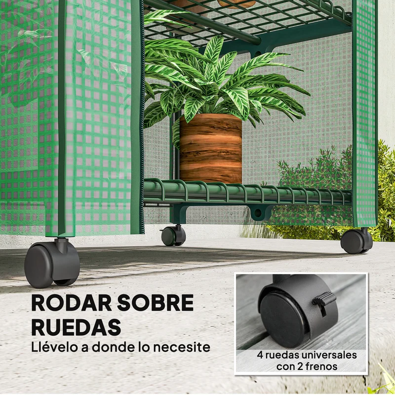 Outsunny Invernadero de Exterior con 4 Estantes y Ruedas, Invernadero de Jardín con Puerta Enrollable, Marco de Acero y Cubierta PE 140g/㎡ Anti-UV, Impermeable para Terraza, Patio, 70x50x165 cm, Verde