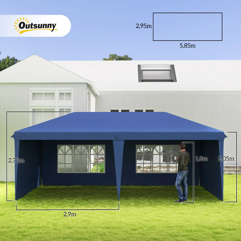 Outsunny Carpa Plegable 6x3 m, Pop-up, con 4 Laterales Desmontables, Cenador de Jardín con 2 Ventanas Visibles, Bolsa de Transporte, Impermeable, Anti-UV, Gazebo para Camping, Fiestas, Exterior, Azul