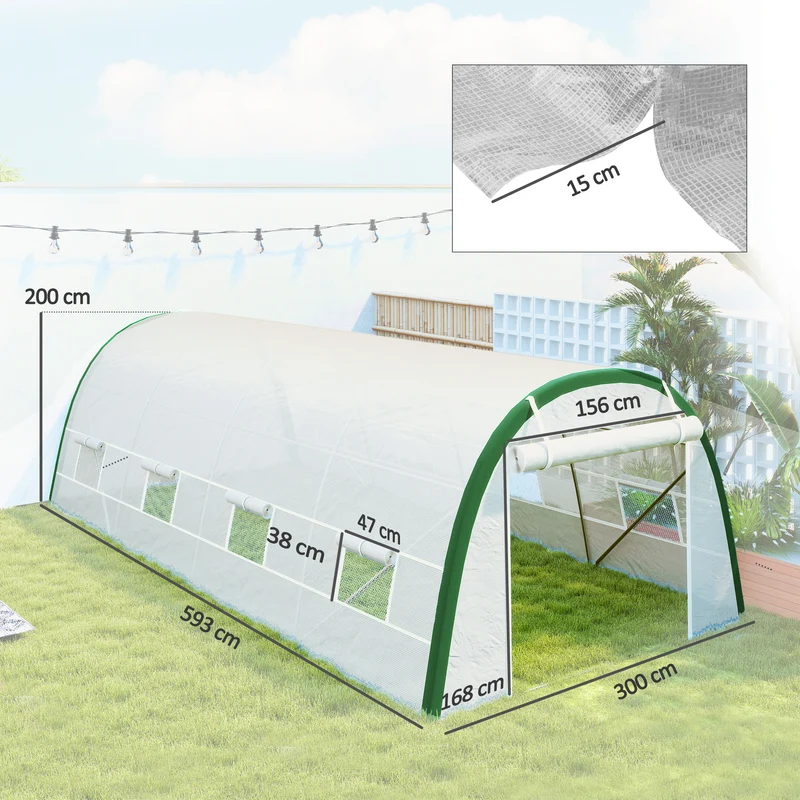 Outsunny Invernadero de Exterior 6x3x2 m, Invernadero de Túnel con Puerta Enrollable, 8 Ventanas de Malla, Cubierta PE 140g/m², Marco de Acero Galvanizado, Anti-UV, para Cultivos, Plantas, Blanco