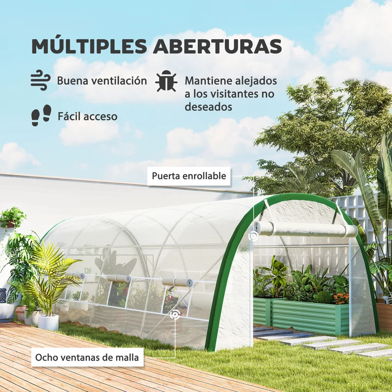 Outsunny Invernadero de Exterior 6x3x2 m, Invernadero de Túnel con Puerta Enrollable, 8 Ventanas de Malla, Cubierta PE 140g/m², Marco de Acero Galvanizado, Anti-UV, para Cultivos, Plantas, Blanco