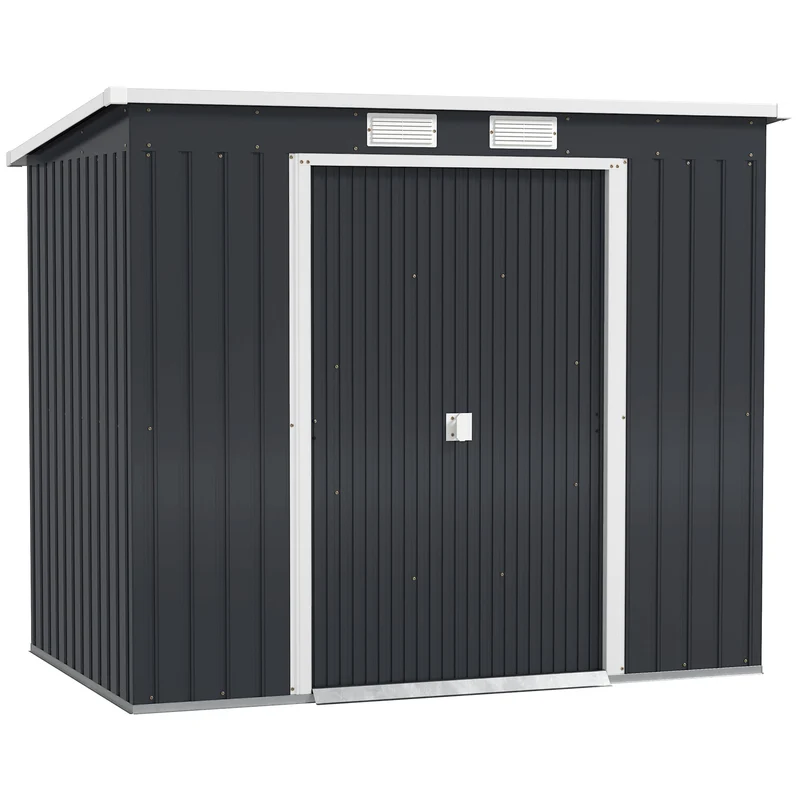 Outsunny Caseta de Jardín Exterior 2,4 m², 213x130x172 cm, Cobertizo de Jardín Exterior Metálico con Puerta Corredera, Techo Inclinado, Base Refuerzo (Suelo NO Incluido) y 2 Ventanas, Gris Oscuro