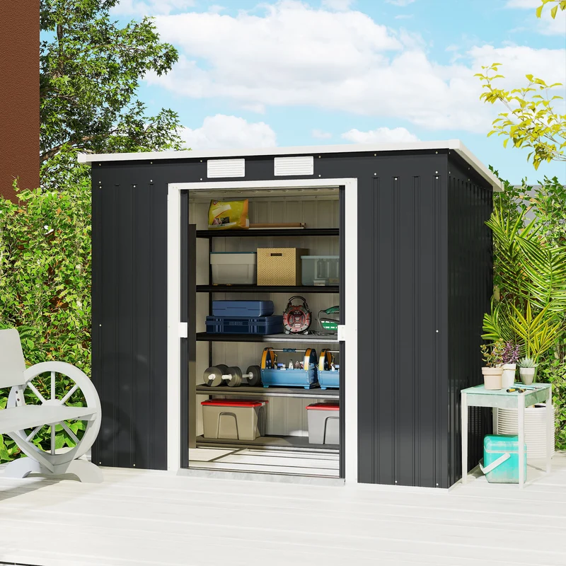 Outsunny Caseta de Jardín Exterior 2,4 m², 213x130x172 cm, Cobertizo de Jardín Exterior Metálico con Puerta Corredera, Techo Inclinado, Base Refuerzo (Suelo NO Incluido) y 2 Ventanas, Gris Oscuro