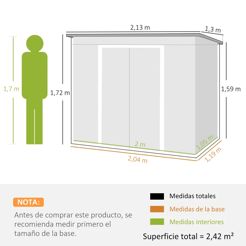 Outsunny Caseta de Jardín Exterior 2,4 m², 213x130x172 cm, Cobertizo de Jardín Exterior Metálico con Puerta Corredera, Techo Inclinado, Base Refuerzo (Suelo NO Incluido) y 2 Ventanas, Gris Oscuro