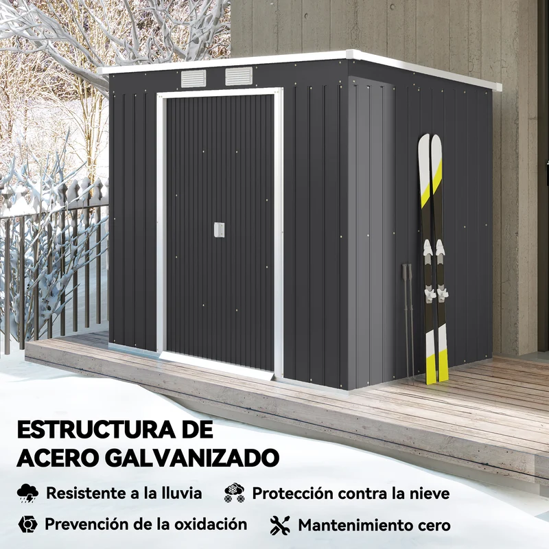 Outsunny Caseta de Jardín Exterior 2,4 m², 213x130x172 cm, Cobertizo de Jardín Exterior Metálico con Puerta Corredera, Techo Inclinado, Base Refuerzo (Suelo NO Incluido) y 2 Ventanas, Gris Oscuro