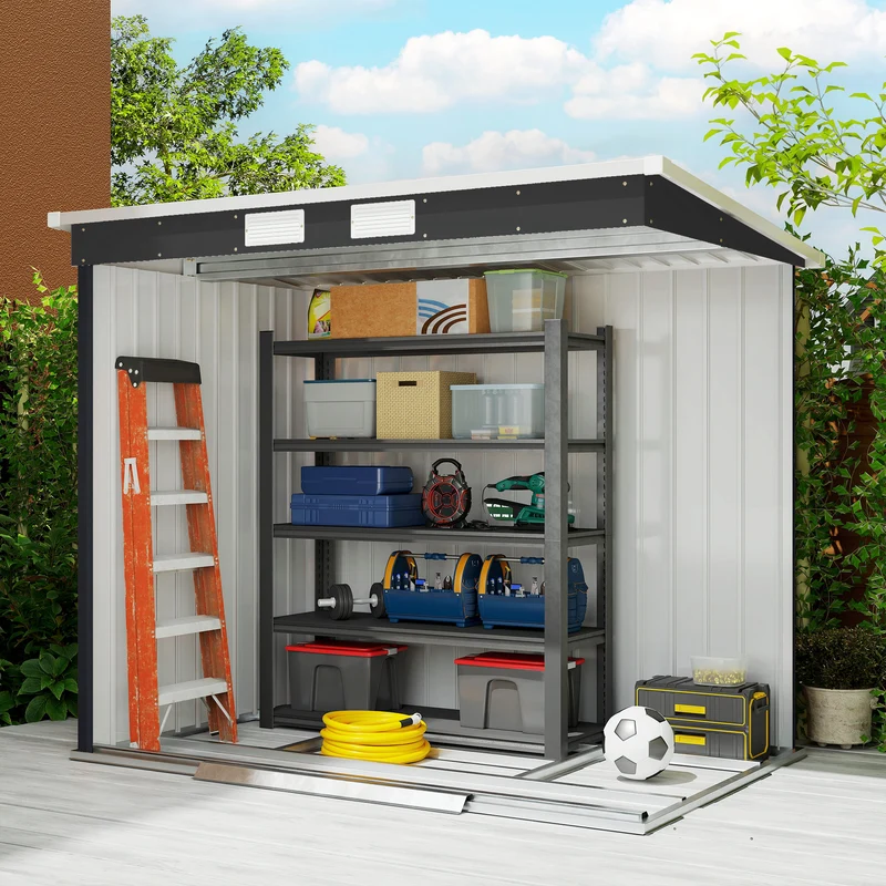 Outsunny Caseta de Jardín Exterior 2,4 m², 213x130x172 cm, Cobertizo de Jardín Exterior Metálico con Puerta Corredera, Techo Inclinado, Base Refuerzo (Suelo NO Incluido) y 2 Ventanas, Gris Oscuro