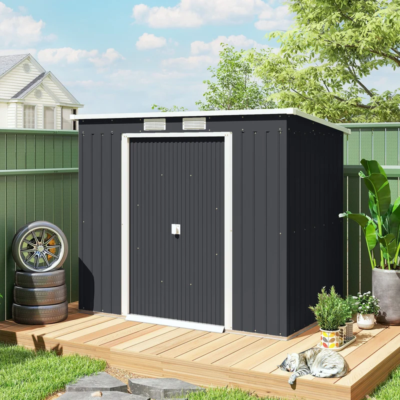 Outsunny Caseta de Jardín Exterior 2,4 m², 213x130x172 cm, Cobertizo de Jardín Exterior Metálico con Puerta Corredera, Techo Inclinado, Base Refuerzo (Suelo NO Incluido) y 2 Ventanas, Gris Oscuro