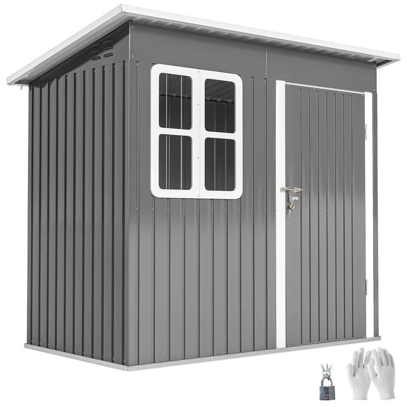 Outsunny Caseta de Jardín Exterior, 2,55 m² 221x133x190 cm, Cobertizo de Jardín Exterior Metálico con Ventana, Puerta con Cerradura y Ventilaciones, para Almacenamiento de Herramientas, Gris Oscuro