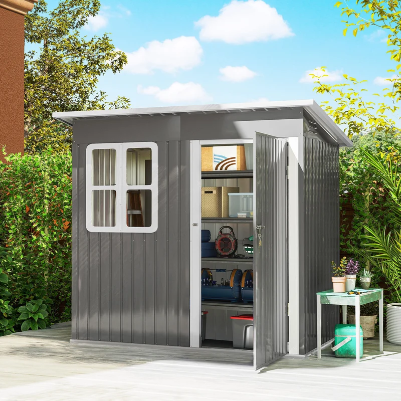 Outsunny Caseta de Jardín Exterior, 2,55 m² 221x133x190 cm, Cobertizo de Jardín Exterior Metálico con Ventana, Puerta con Cerradura y Ventilaciones, para Almacenamiento de Herramientas, Gris Oscuro