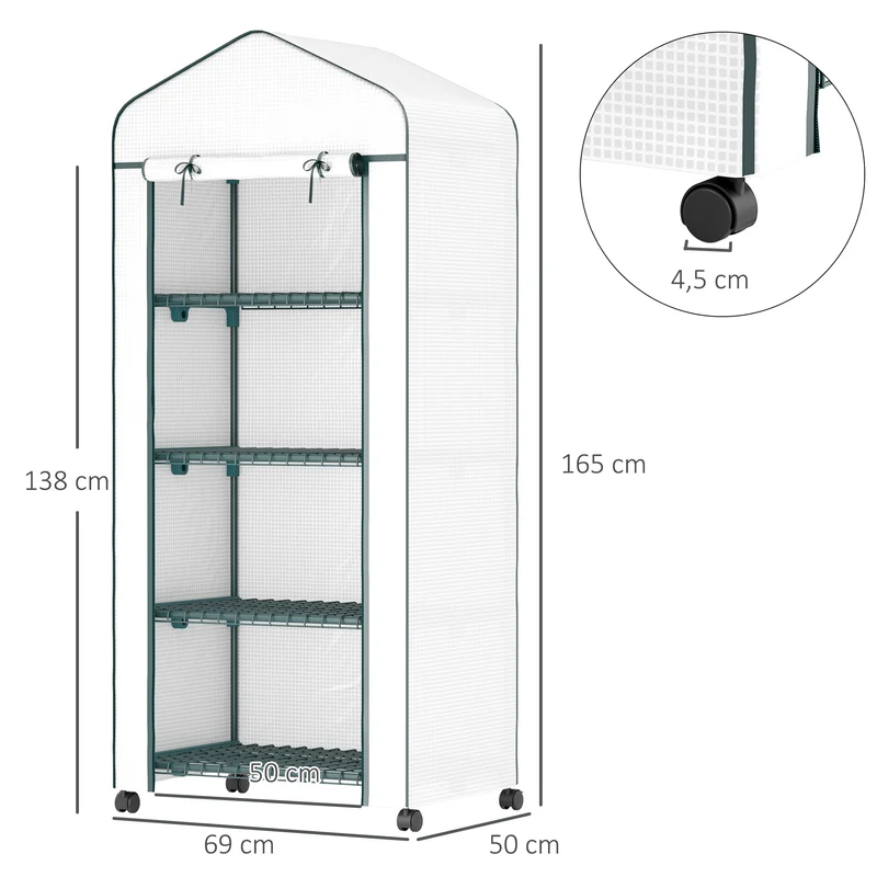 Outsunny Invernadero de Exterior con 4 Estantes y Ruedas, Invernadero Pequeño con Puerta Enrollable, Marco de Acero y Cubierta de PE 140g/㎡, Anti-UV para Plantas, Macetas, Flores, 70x50x165 cm, Blanco