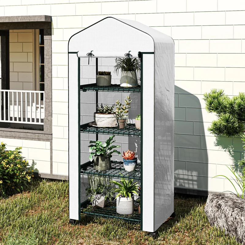 Outsunny Invernadero de Exterior con 4 Estantes y Ruedas, Invernadero Pequeño con Puerta Enrollable, Marco de Acero y Cubierta de PE 140g/㎡, Anti-UV para Plantas, Macetas, Flores, 70x50x165 cm, Blanco