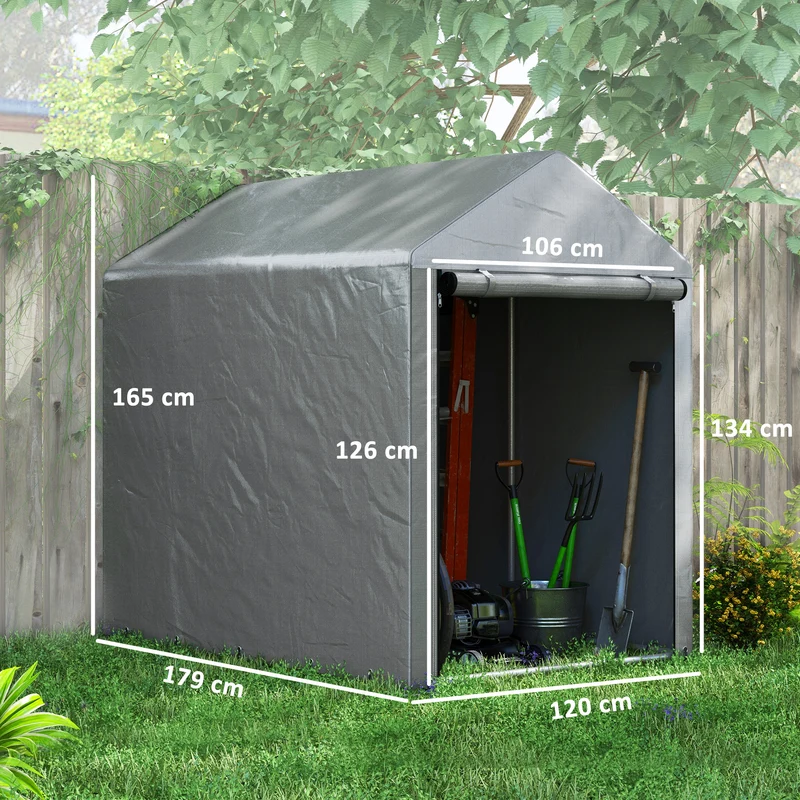 Outsunny Carpa de Jardín Exterior para Herramientas Bicicletas 1,2x1,8x1,65 m, Cobertizo Exterior con 2 Habitaciones, Puerta Enrollable con Cremallera, Impermeable Anti-UV, Garaje Portátil, Gris Claro