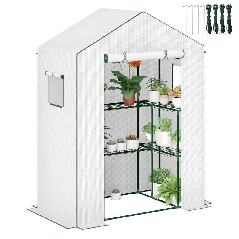 Outsunny Invernadero de Exterior de 3 Niveles Invernadero de Jardín con Puerta Enrollable 2 Ventanas Estantes en Forma de U para Cultivo de Plantas en Terraza Patio 140x73x190 cm Blanco