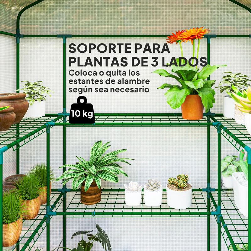 Outsunny Invernadero de Exterior de 3 Niveles Invernadero de Jardín con Puerta Enrollable 2 Ventanas Estantes en Forma de U para Cultivo de Plantas en Terraza Patio 140x73x190 cm Blanco