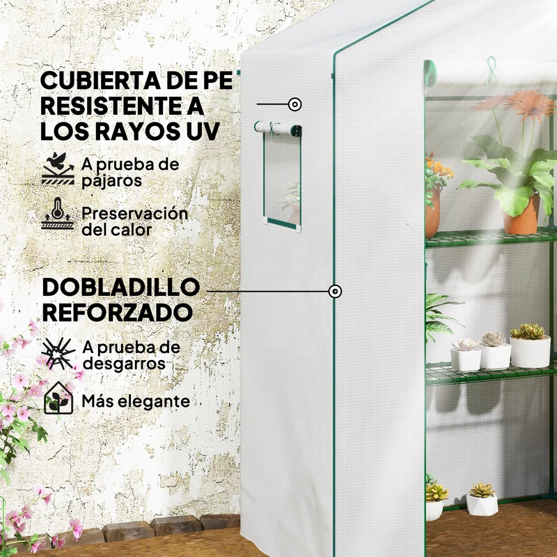 Outsunny Invernadero de Exterior de 3 Niveles Invernadero de Jardín con Puerta Enrollable 2 Ventanas Estantes en Forma de U para Cultivo de Plantas en Terraza Patio 140x73x190 cm Blanco