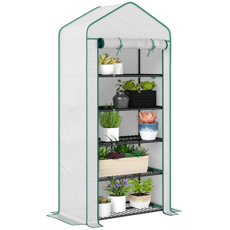 Outsunny Invernadero de Jardín de 5 Niveles Invernadero Pequeño Exterior con Puerta Enrollable con Cremallera Anti-UV Diseño Ensanchado y Estantes para Cultivo de Plantas Flores 90x49x193 cm Blanco