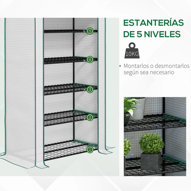 Outsunny Invernadero de Jardín de 5 Niveles Invernadero Pequeño Exterior con Puerta Enrollable con Cremallera Anti-UV Diseño Ensanchado y Estantes para Cultivo de Plantas Flores 90x49x193 cm Blanco