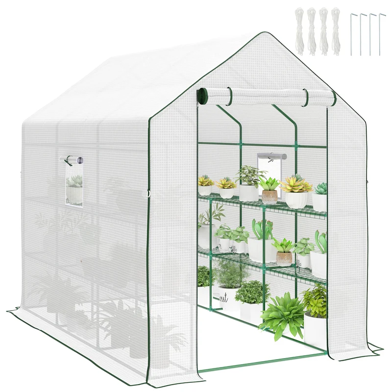 Outsunny Invernadero de Jardín de 3 Niveles, Invernadero de Exterior con 12 Estantes, Puerta Enrollable, Ventanas, Anti-UV, Cubierta de PE 135g/m² para Cultivos, Plantas, Flores, 140x213x190 cm Blanco