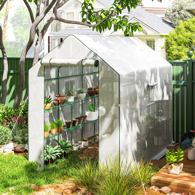 Outsunny Invernadero de Jardín de 3 Niveles, Invernadero de Exterior con 12 Estantes, Puerta Enrollable, Ventanas, Anti-UV, Cubierta de PE 135g/m² para Cultivos, Plantas, Flores, 140x213x190 cm Blanco