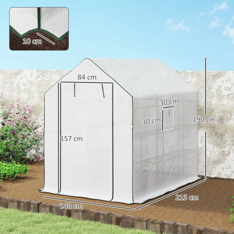 Outsunny Invernadero de Jardín de 3 Niveles, Invernadero de Exterior con 12 Estantes, Puerta Enrollable, Ventanas, Anti-UV, Cubierta de PE 135g/m² para Cultivos, Plantas, Flores, 140x213x190 cm Blanco