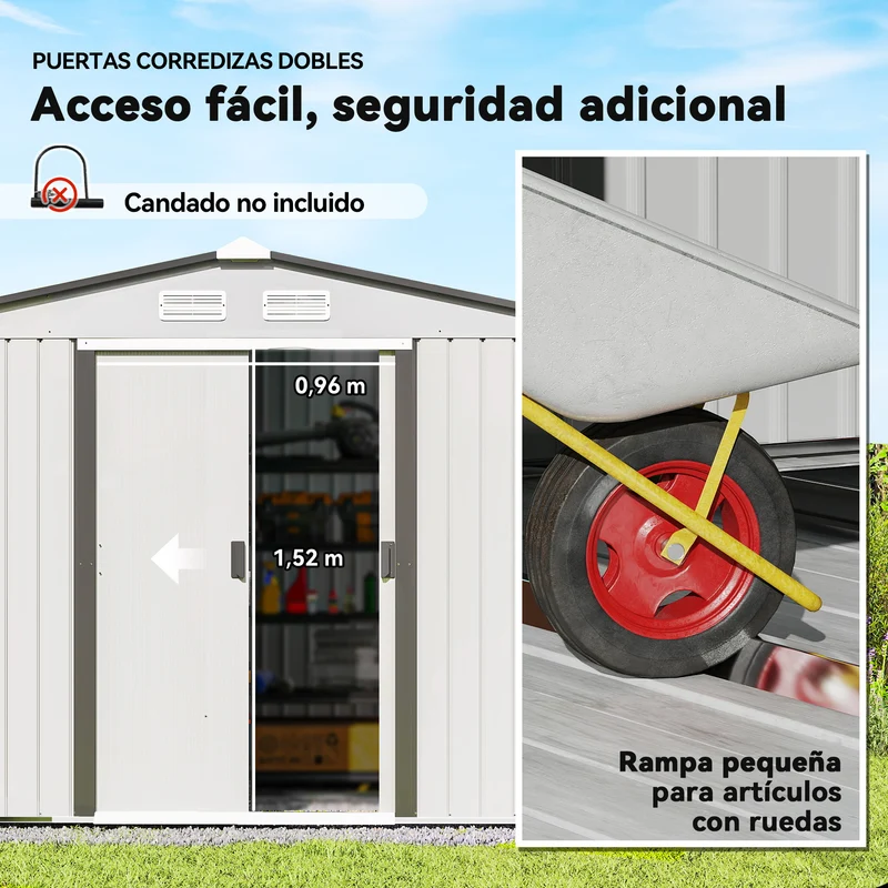 Outsunny Caseta de Jardín Exterior 4,9 m², 277x195x192 cm, Cobertizo de Jardín Exterior Metálico con Puerta Corredera, Ventilación y Kit de Fundación, para Almacenamiento de Herramientas, Plata