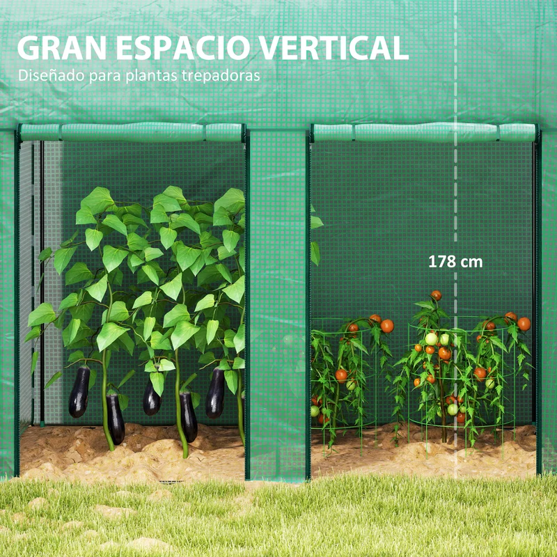 Outsunny Invernadero de Exterior Invernadero de Jardín con 2 Puertas Enrollables con Cremallera Marco de Acero y Cubierta de PE 140g/m² Anti-UV Impermeable para Plantas Flores 200x100x178 cm Verde