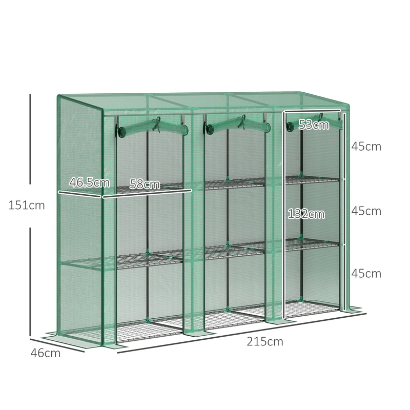Outsunny Invernadero de Exterior de 3 Niveles Invernadero de Jardín con 9 Estantes Puerta Enrollable con Cremallera Marco de Acero Cubierta de PE 140g/m² Anti-UV para Terraza 215x46x151cm Verde