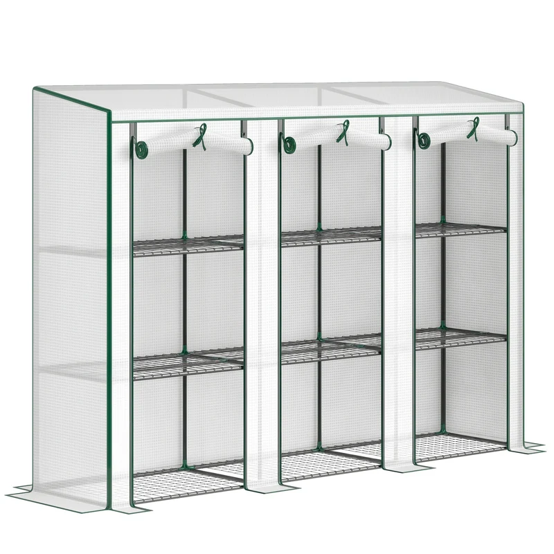 Outsunny Invernadero de Exterior de 3 Niveles Invernadero de Jardín con 9 Estantes Puerta Enrollable con Cremallera Marco de Acero Cubierta de PE 140g/m² Anti-UV para Terraza 215x46x151cm Blanco