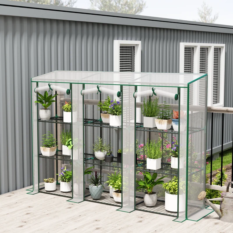Outsunny Invernadero de Exterior de 3 Niveles Invernadero de Jardín con 9 Estantes Puerta Enrollable con Cremallera Marco de Acero Cubierta de PE 140g/m² Anti-UV para Terraza 215x46x151cm Blanco
