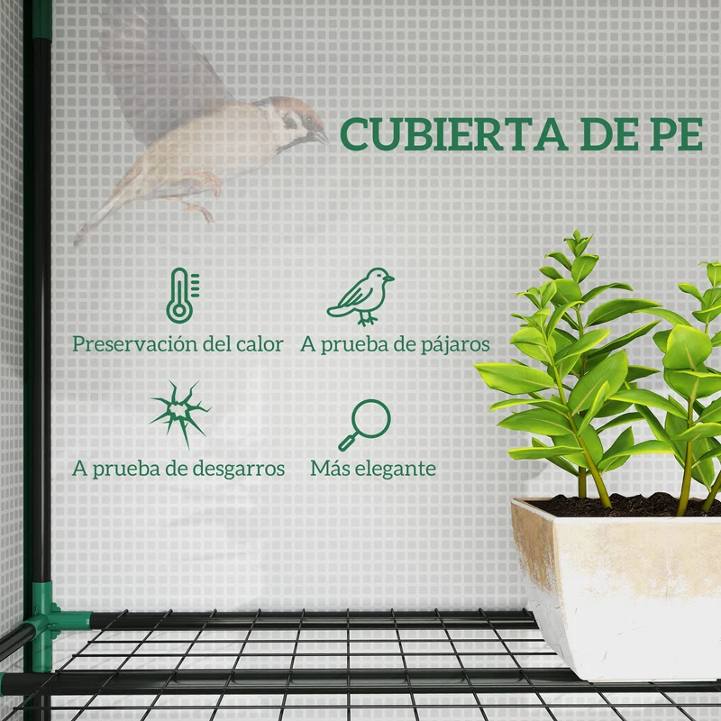 Outsunny Invernadero de Exterior de 3 Niveles Invernadero de Jardín con 9 Estantes Puerta Enrollable con Cremallera Marco de Acero Cubierta de PE 140g/m² Anti-UV para Terraza 215x46x151cm Blanco