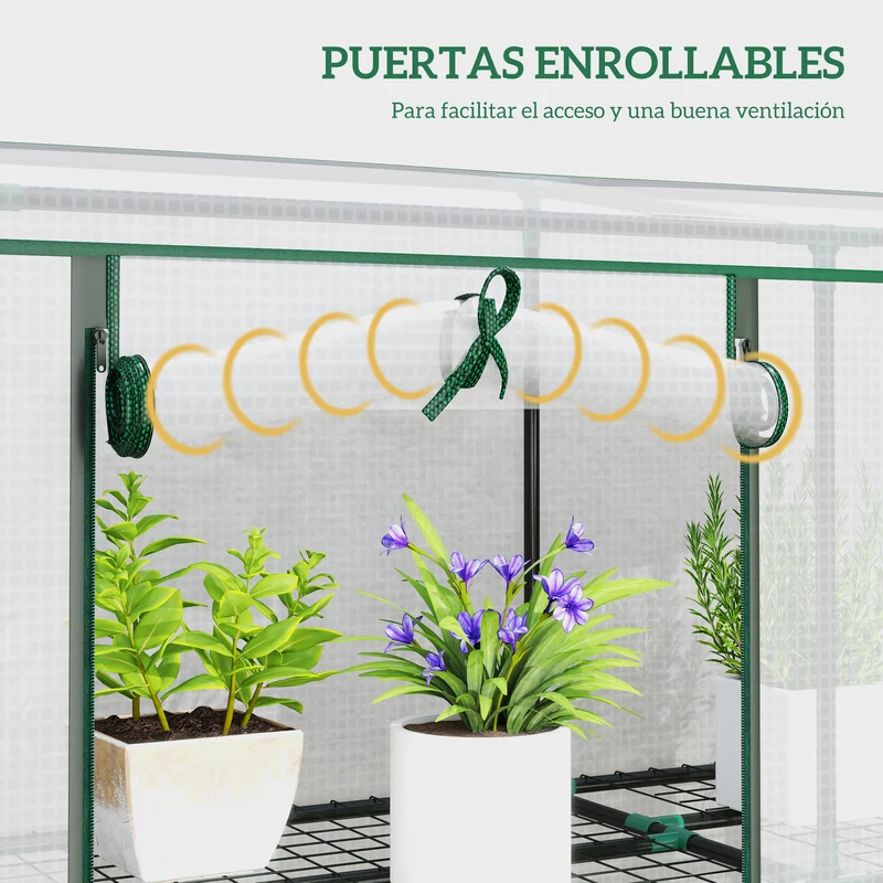 Outsunny Invernadero de Exterior de 3 Niveles Invernadero de Jardín con 9 Estantes Puerta Enrollable con Cremallera Marco de Acero Cubierta de PE 140g/m² Anti-UV para Terraza 215x46x151cm Blanco