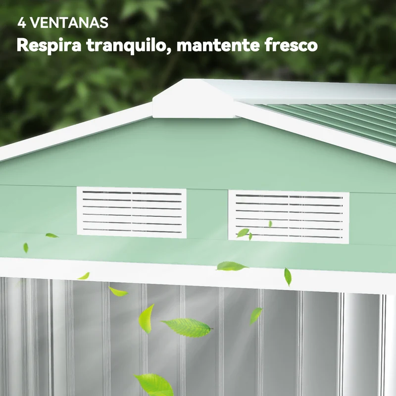 Outsunny Caseta de Jardín Exterior, 2,5 m² 213x130x185 cm, Cobertizo de Jardín Exterior Metálico con 2 Puertas Correderas, Base Refuerzo (Suelo NO Incluido) y 4 Ventanas, Verde Claro
