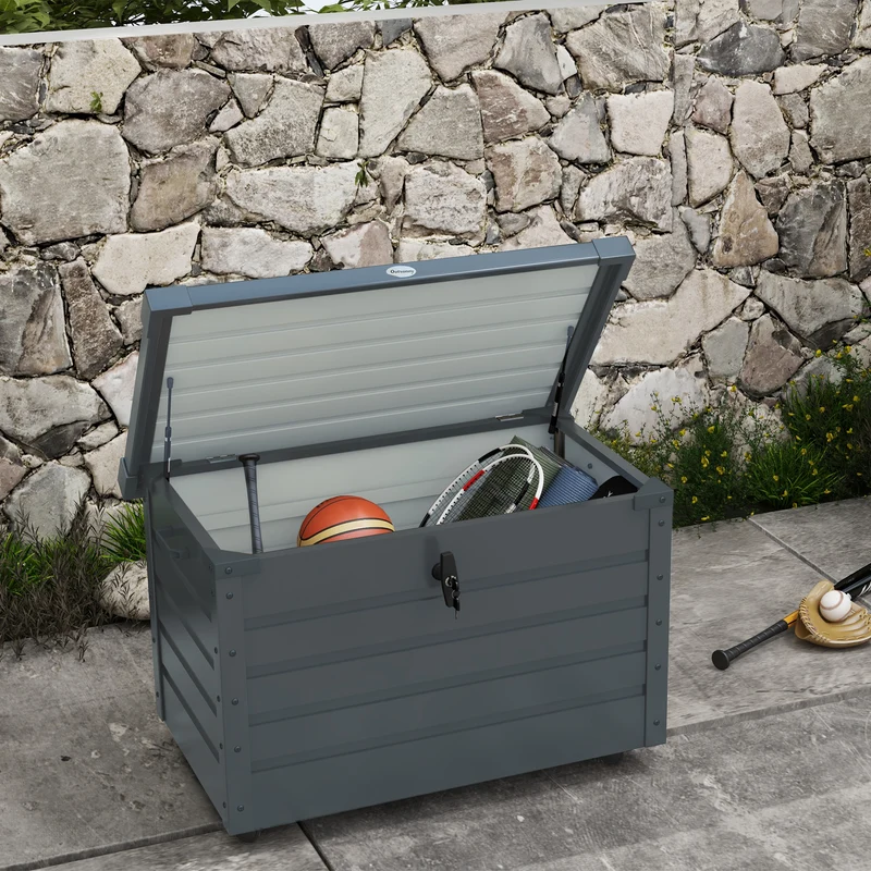 Outsunny Arcón Exterior Capacidad 295L, Baúl de Almacenaje de Acero Galvanizado con 4 Ruedas, 2 Asas y Tapa con Cerradura, Impermeable, para Jardín, Terraza, Patio, 100x62x65 cm, Gris Oscuro