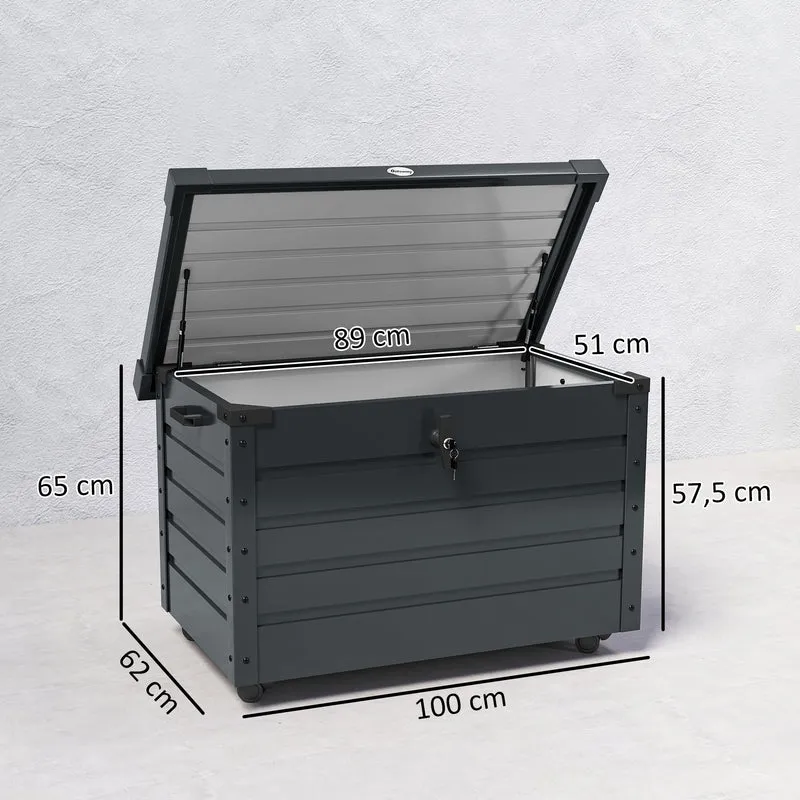 Outsunny Arcón Exterior Capacidad 295L, Baúl de Almacenaje de Acero Galvanizado con 4 Ruedas, 2 Asas y Tapa con Cerradura, Impermeable, para Jardín, Terraza, Patio, 100x62x65 cm, Gris Oscuro