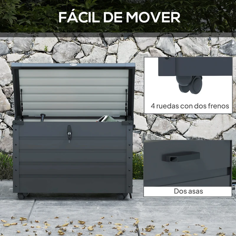 Outsunny Arcón Exterior Capacidad 295L, Baúl de Almacenaje de Acero Galvanizado con 4 Ruedas, 2 Asas y Tapa con Cerradura, Impermeable, para Jardín, Terraza, Patio, 100x62x65 cm, Gris Oscuro